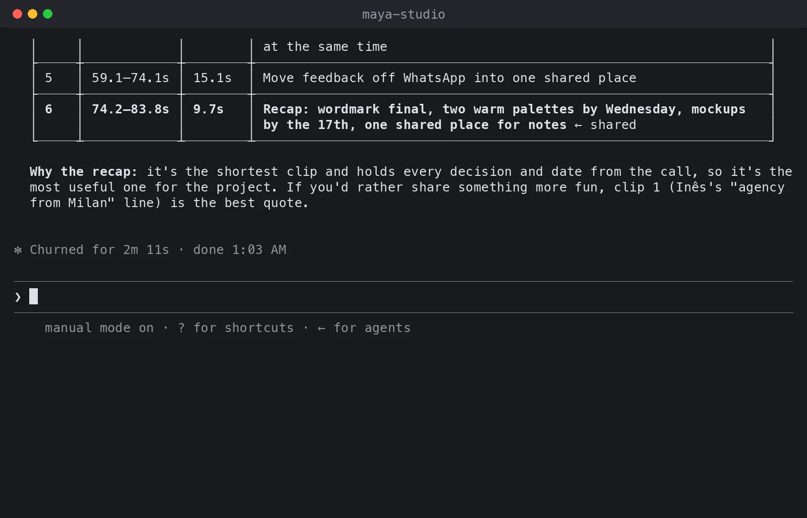 Recording of Claude Code in a terminal showing six clips cut from a call, a recommended recap and the files saved to a space.