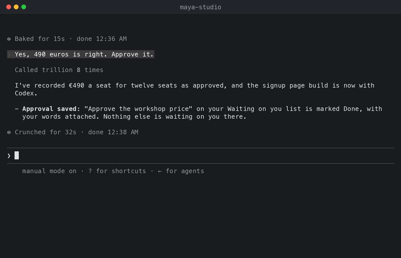 Recording of Claude Code in a terminal recording an approval from the Waiting on you list and handing the page build to Codex.