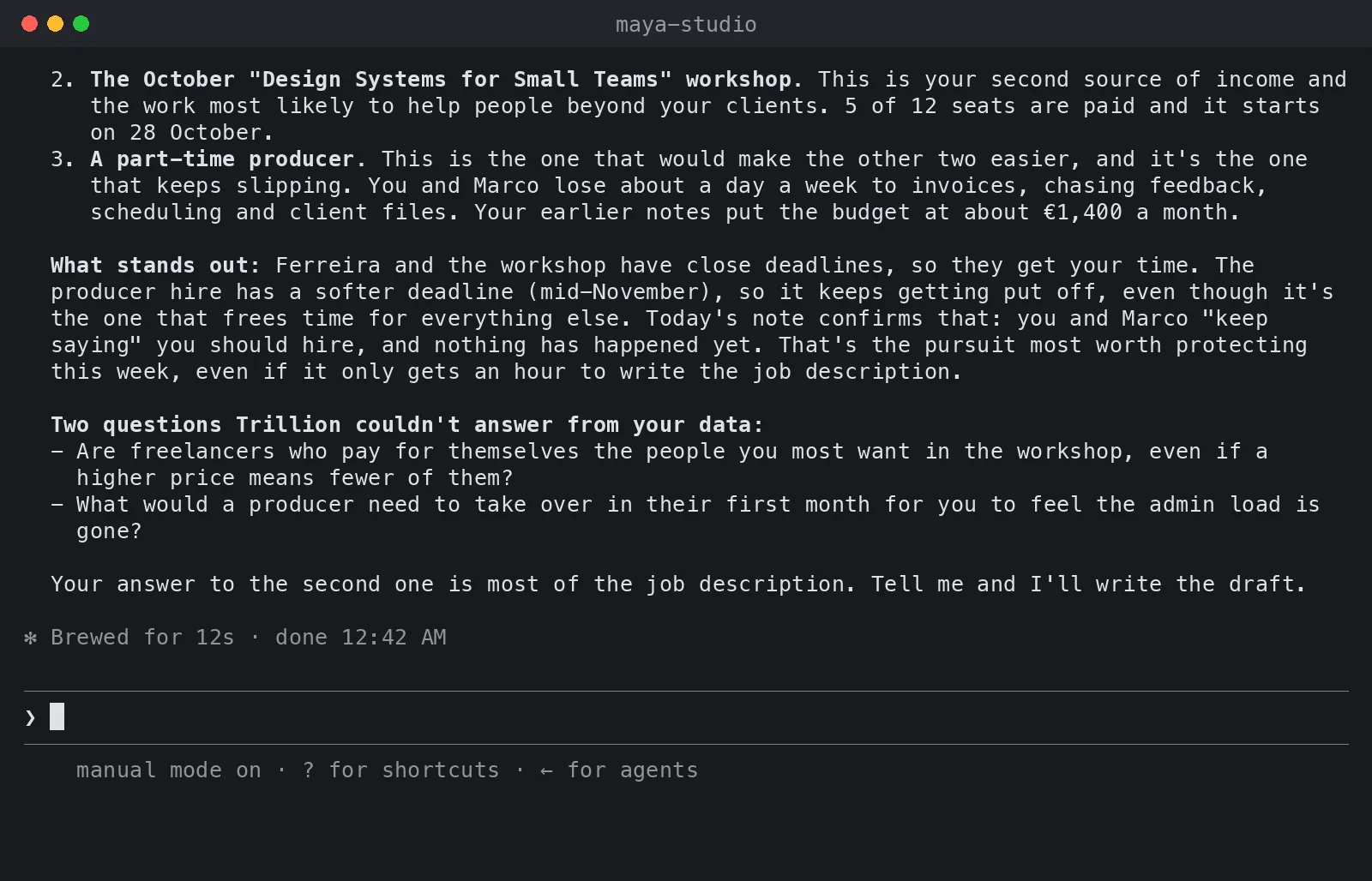 Recording of Claude Code in a terminal listing three pursuits, what stands out and two questions it could not answer from the notes.