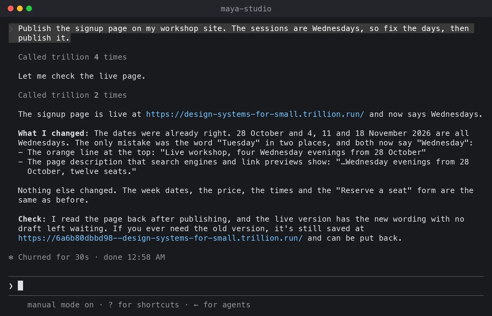 Recording of a terminal checking a published page: HTTP 200, four Wednesday evenings from 28 October and a Reserve a seat button.