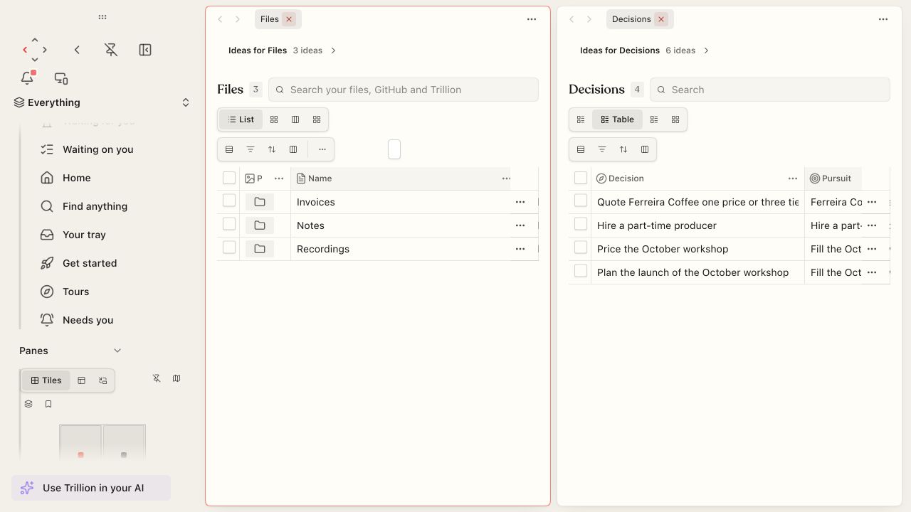 Files and decisions open side by side in the Trillion workspace
