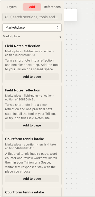 Marketplace tools and Add to page buttons in the Sites Add panel in Trillion's web workspace.
