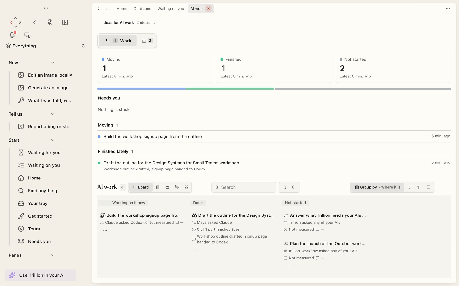 The AI work board in Trillion: jobs moving, finished and not started, each with the AI that took it