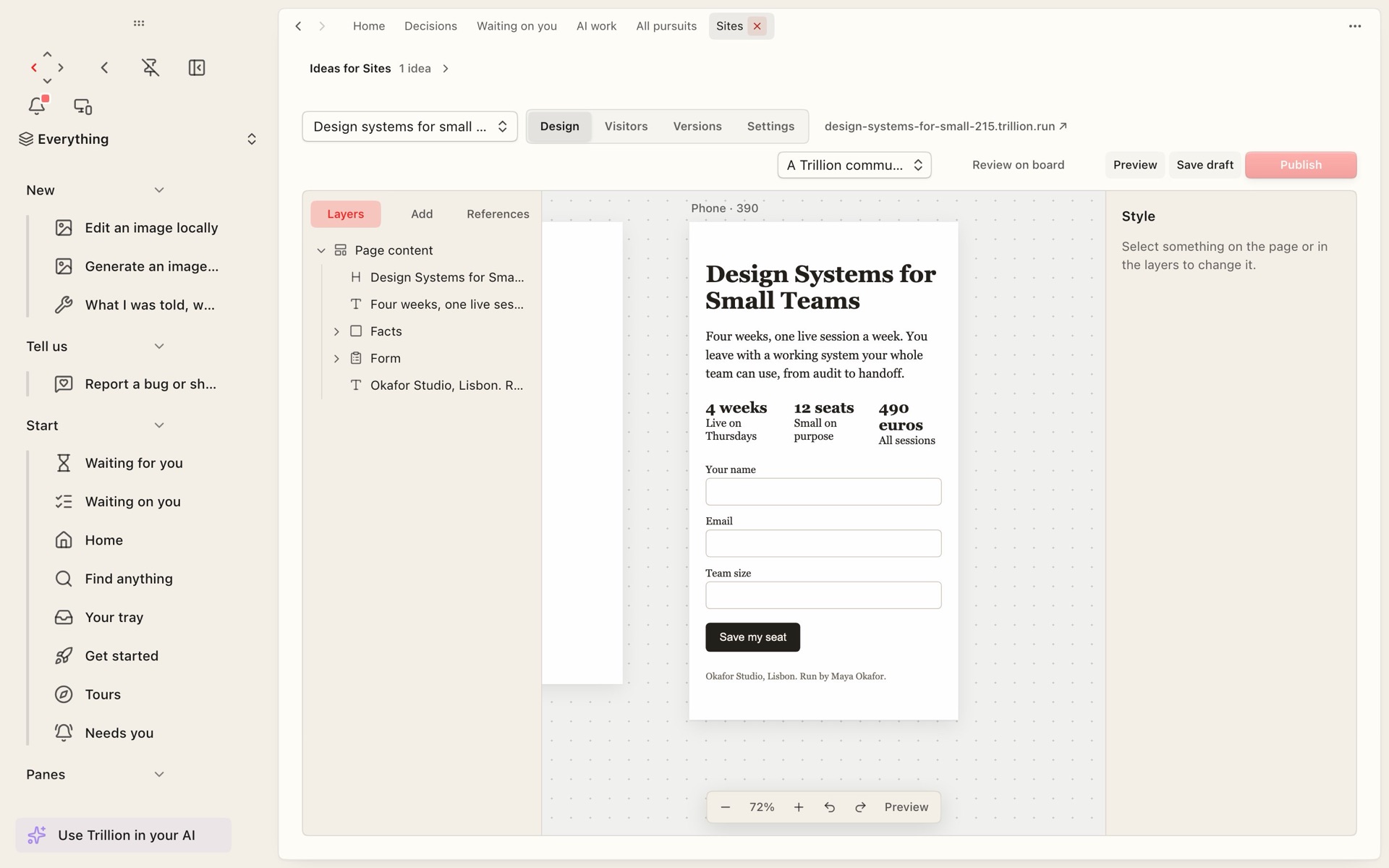 The Trillion site editor with a workshop sign-up page open on a phone-sized canvas