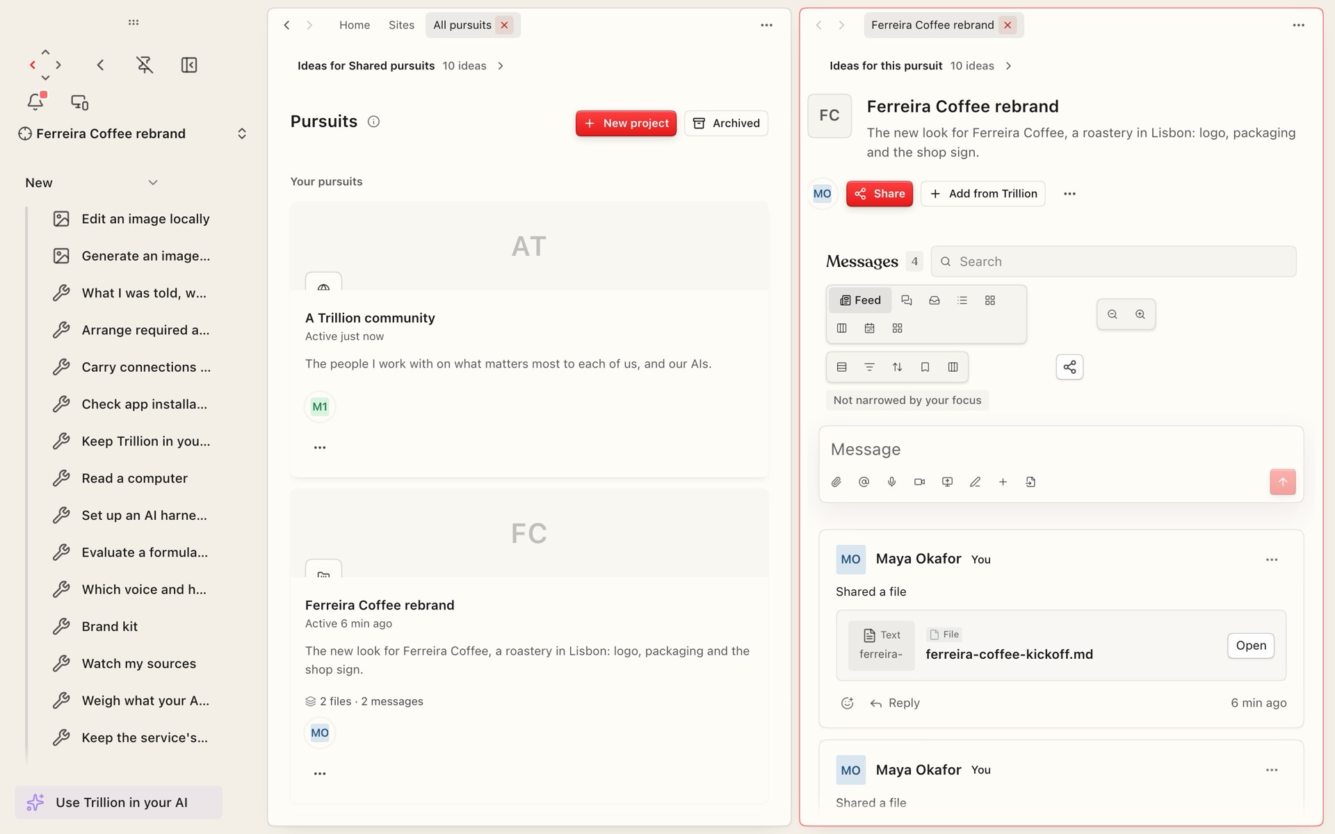 A shared pursuit in Trillion with its messages and a shared file beside the list of pursuits